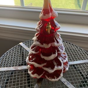 Vintage Fenton Amberina Red Glass Flocked Christmas Tree 6.5”